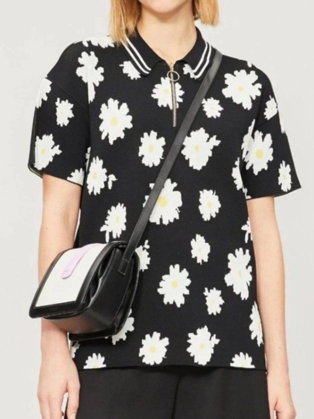 MAJE Misseca Jacquard Polo Contrast Collar Floral Daisy Black Yellow Sz 2/Sz M